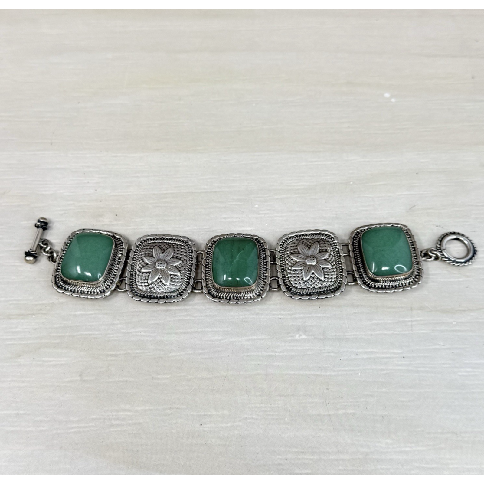Taxco Sterling Silver 950 Stone Panel Link Mexico Bracelet Toggle Clasp 99 Grams